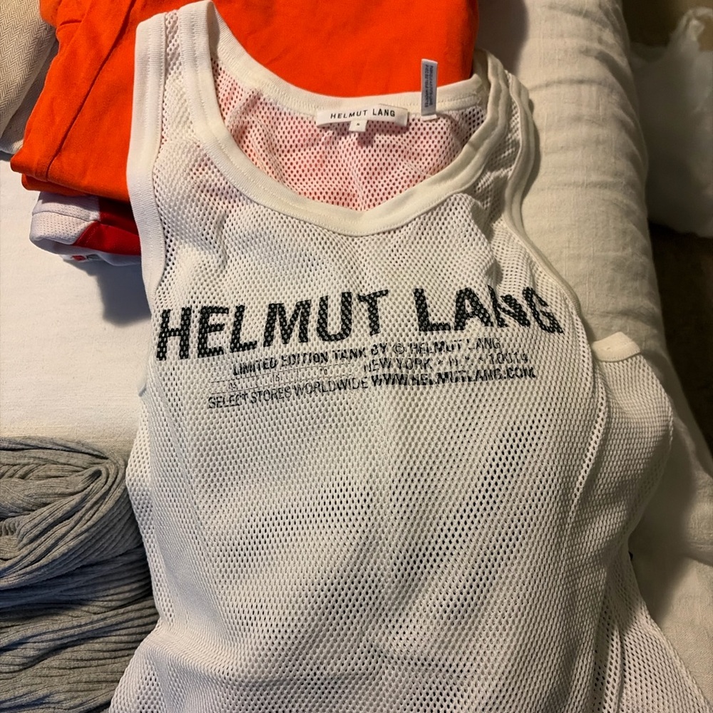 Authentic Helmut Lang white mesh logo tank top.